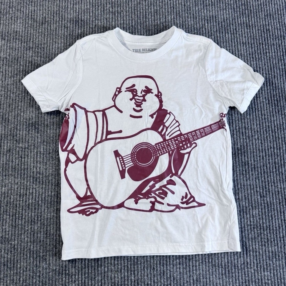 True Religion Unisex Kids Medium White Maroon Graphic Buddha‎ Guitar T-Shirt